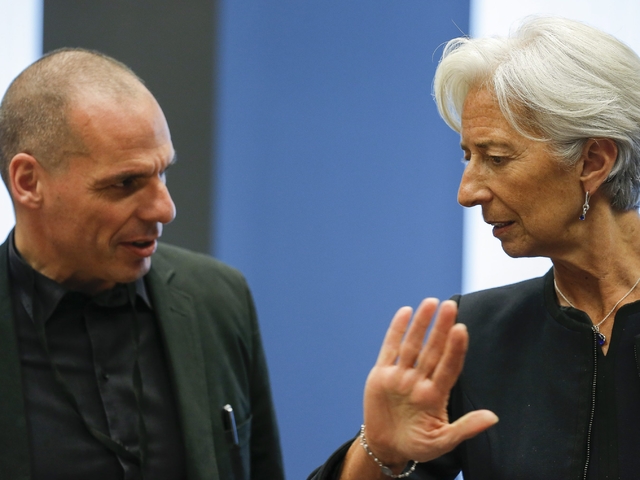 Гръцкият финансов министър Янис Варуфакис и шефката на МВФ Кристин Лагард. Снимка: БГНЕС