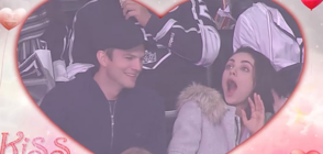 Аштън Къчър иска целувка от Мила Кунис по време на хокеен мач (ВИДЕО)