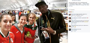 Юсейн Болт позира с българските състезателки по бадминтон