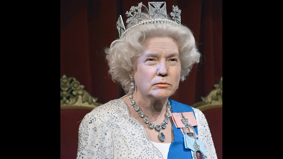 Лицето на Тръмп върху това на Елизабет II