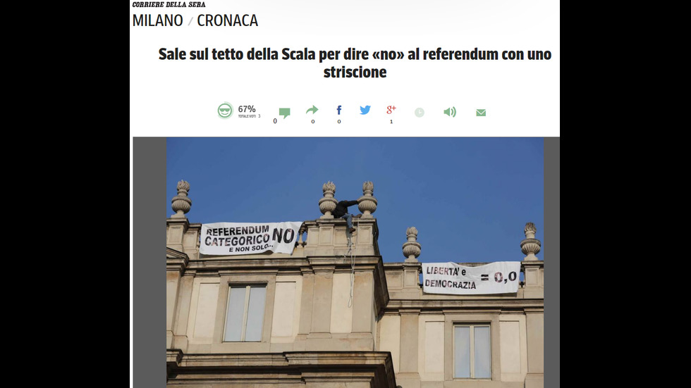 Бългaрин се качи на покрива на Миланската скала, за да протестира