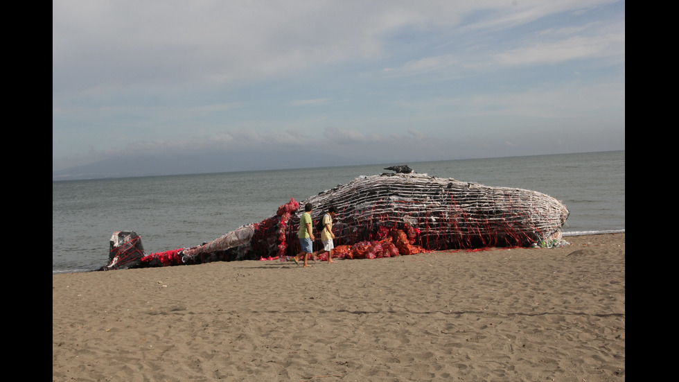 Умрял пластмасов кит на плажа в Манила